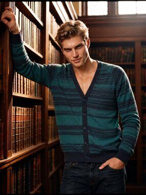 1901 Mens Medium Teal Navy Striped V Neck Button Front Cardigan Sweater Preppy